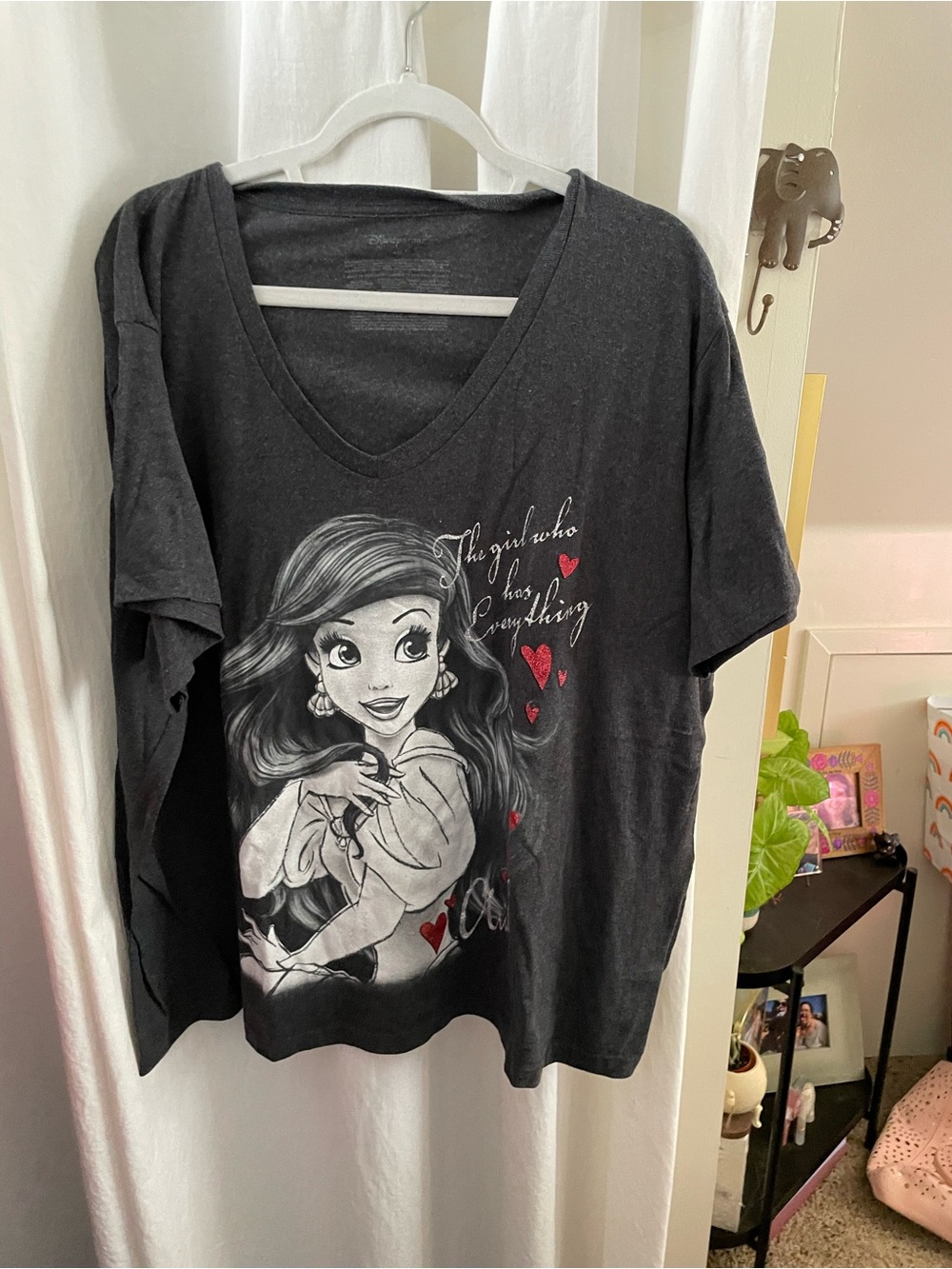 Black Graphic V-Neck Tee with the Little Mermaid and Red Hearts